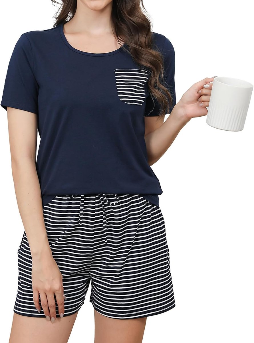 Pyjama dames korte katoenen pyjama set korte mouwen tweedelige shorty pyjama voor zomer nachtkleding strepen loungewear pyjamabroek met zakken