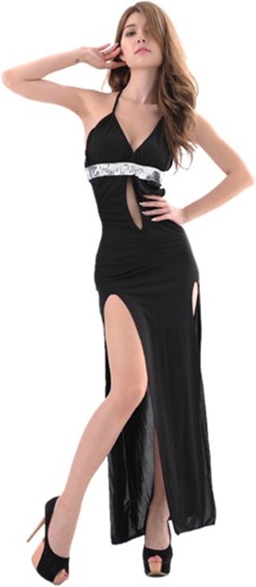 Lingerie voor dames, nekhouder, lingerie, nachthemd, nachtjas, elegante jurk, rugvrij, babydolls, nachtjurk, lingerieset, negligé, nachtkleding, kant, transparant, sexy dessoussets, zwart, M