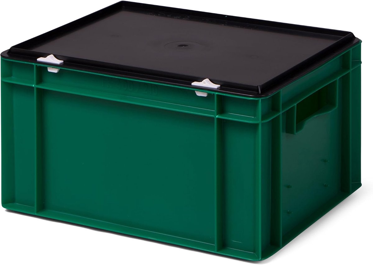 Set van 4 stuks transportstapelboxen KTK 400/210-0, groen, met zwarte afsluitdeksel, afm. 400x300x221 mm (LxBxH)