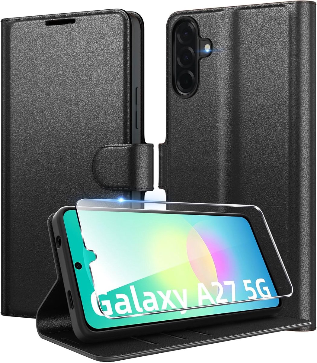 Beschermhoes voor Samsung Galaxy A27 5G, portefeuille, premium PU-leer, beschermhoes met kaartsleuven, stootvast, beschermhoes met 1 gehard glas, zwart