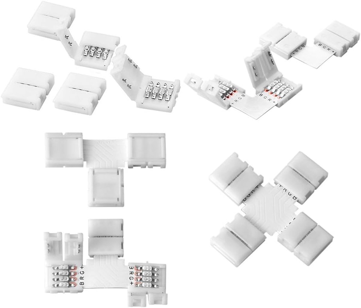 4-pins connector 10 mm voor 5050/3528 SMD RGB niet-waterdichte 4-geleider snelle splitter Haakse hoekconnector LED-stripverlichting (L T + vorm 4-pins connectoren)