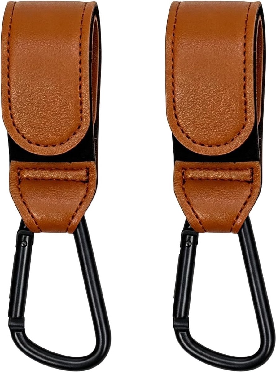 2 stevige bruine PU Lederen wagenhaken voor tassen, universele buggy clips, praktische baby reisbenodigdheden