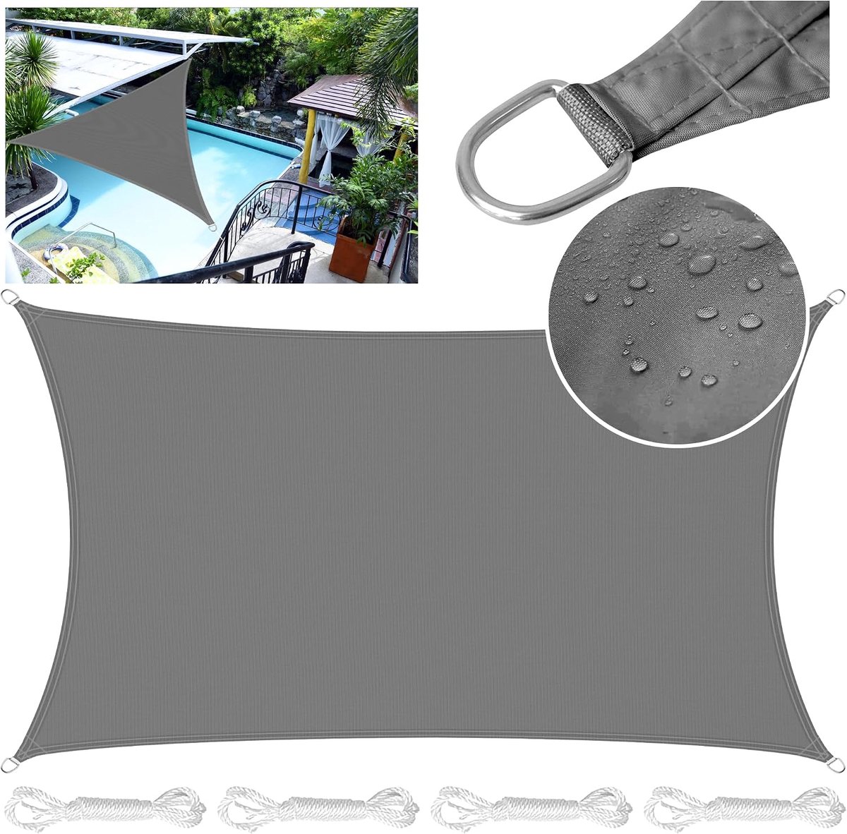 Zonneschermzeil, 2 x 4 meter, rechthoekig PES polyester, waterdicht zeil met accessoires, 95% UV-blokkerend, schaduwzeilen, zonneschermen voor tuin, buiten, patio, pergola, balkon