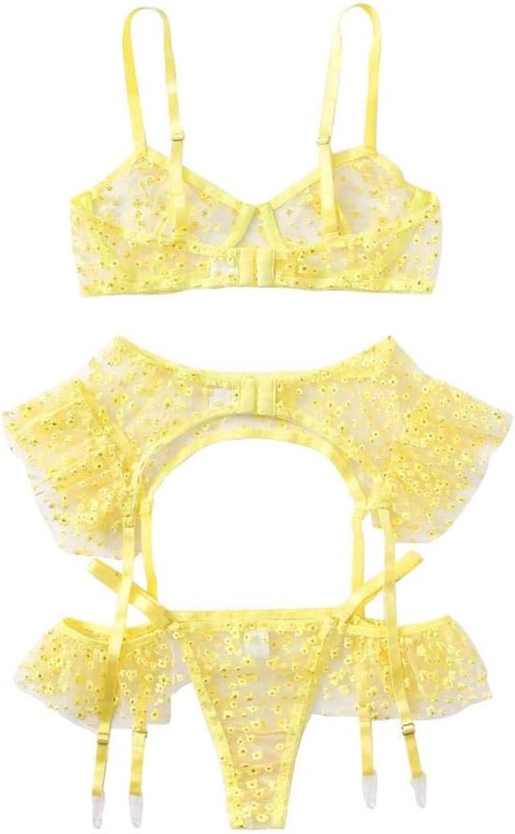 Sexy dames erotische lingerie Vrouwen Sexy Bh String Kousenband Ondergoed Erotische Lingerie Verleiding Porno Nachtkleding Set Hol Kant Kostuum-Yellow_S