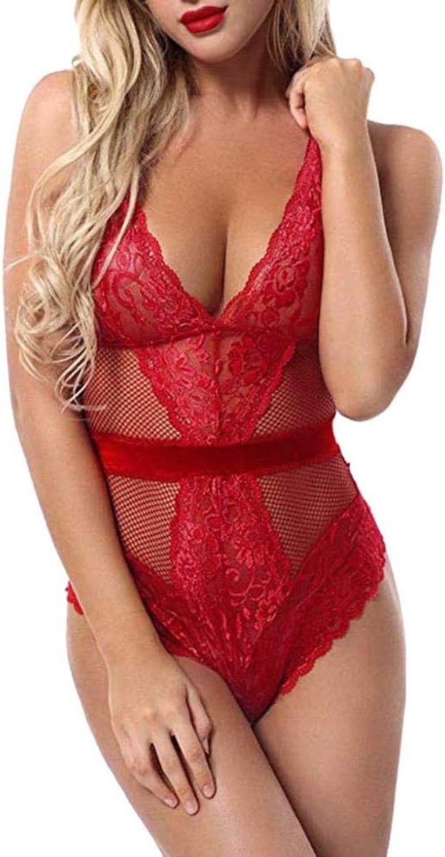 Dameskostuums Sexy Kostuum Dames Kanten Lingerie Uitgehold Ondergoed Nachtkleding Doorzichtig V-hals-Red_S