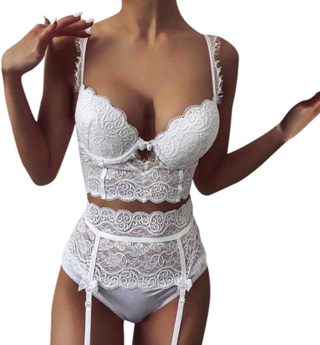 Lingerie & ondergoed Vrouwen Sexy Kanten Lingerie Ondergoed Diepe V Beha String Verleiding Kousenband Erotische Porno Sex Set