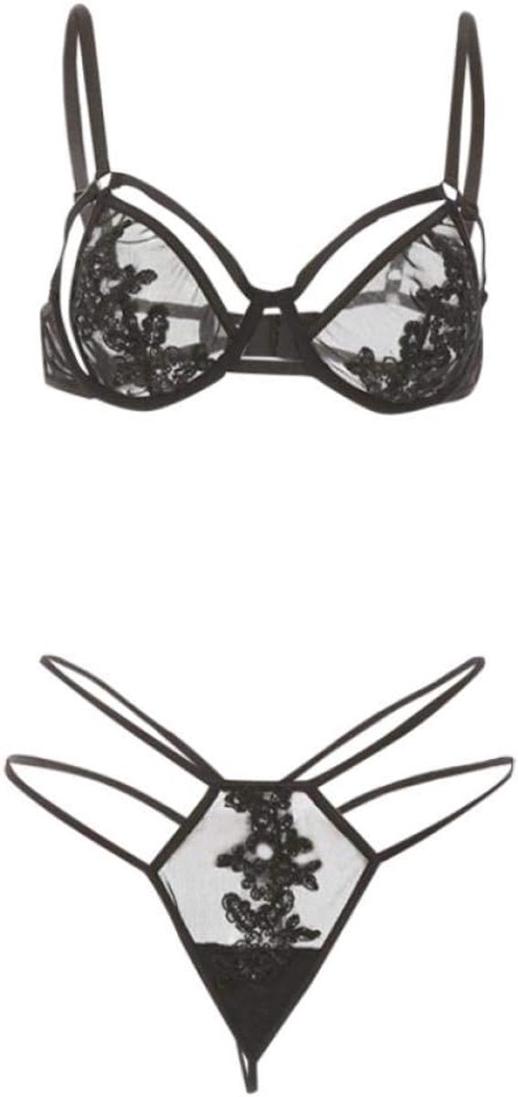 Dameskostuums Vrouwen Sex Ondergoed Erotische Lingerie Transparante Kanten Beha G-String Nachtkleding Sexy Kostuum Porno Temptation-Black_L