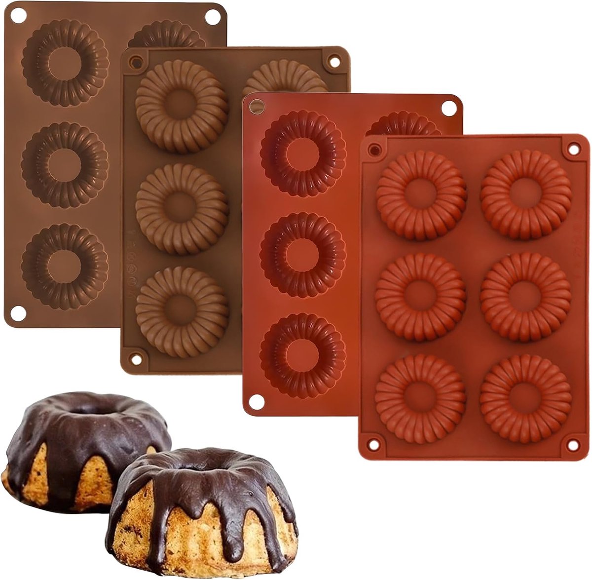 4 stuks siliconen vormen, mini tulbandvorm, 6-gaats design, herbruikbaar en anti-aanbaklaag, geschikt voor koekjes, gelei, bagels en muffins (129 x 187 mm)