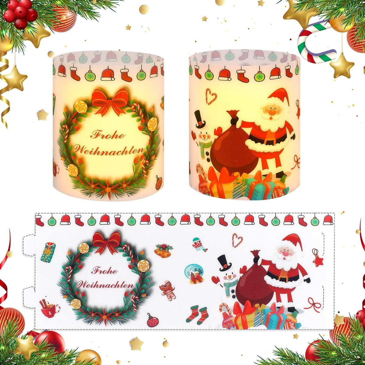 Tafeldecoratie Kerstmis, 12 stuks lantaarns kerstdecoratieset, kerstdecoratie voor theelichtjes/kaarsen (rood)