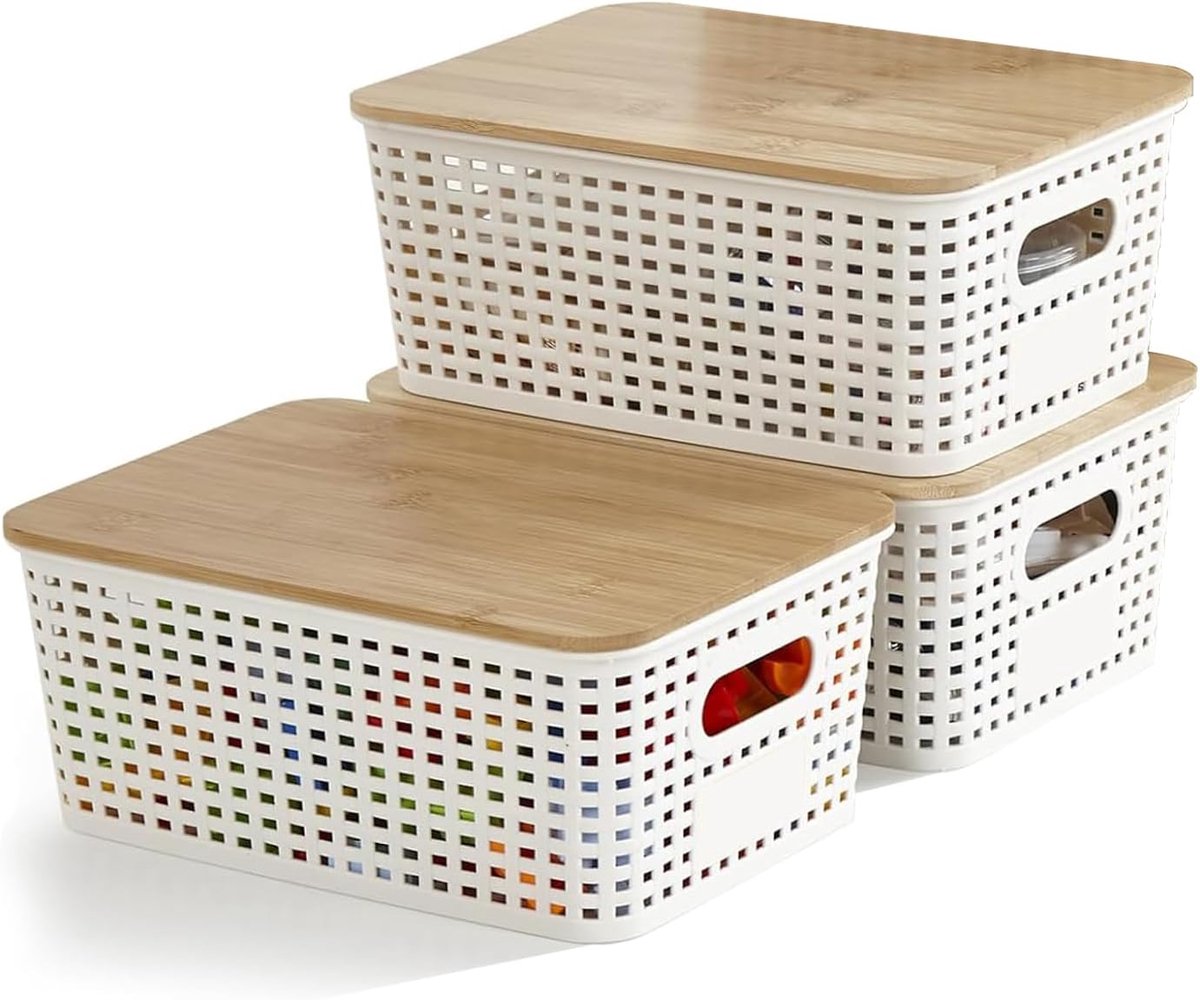 Set van 3 opbergdozen met bamboedeksel, kunststof manden met handvat, stapelbare opbergdozen voor badkamer, keuken, slaapkamer, bureau, 25 x 18 x 10 cm (wit)