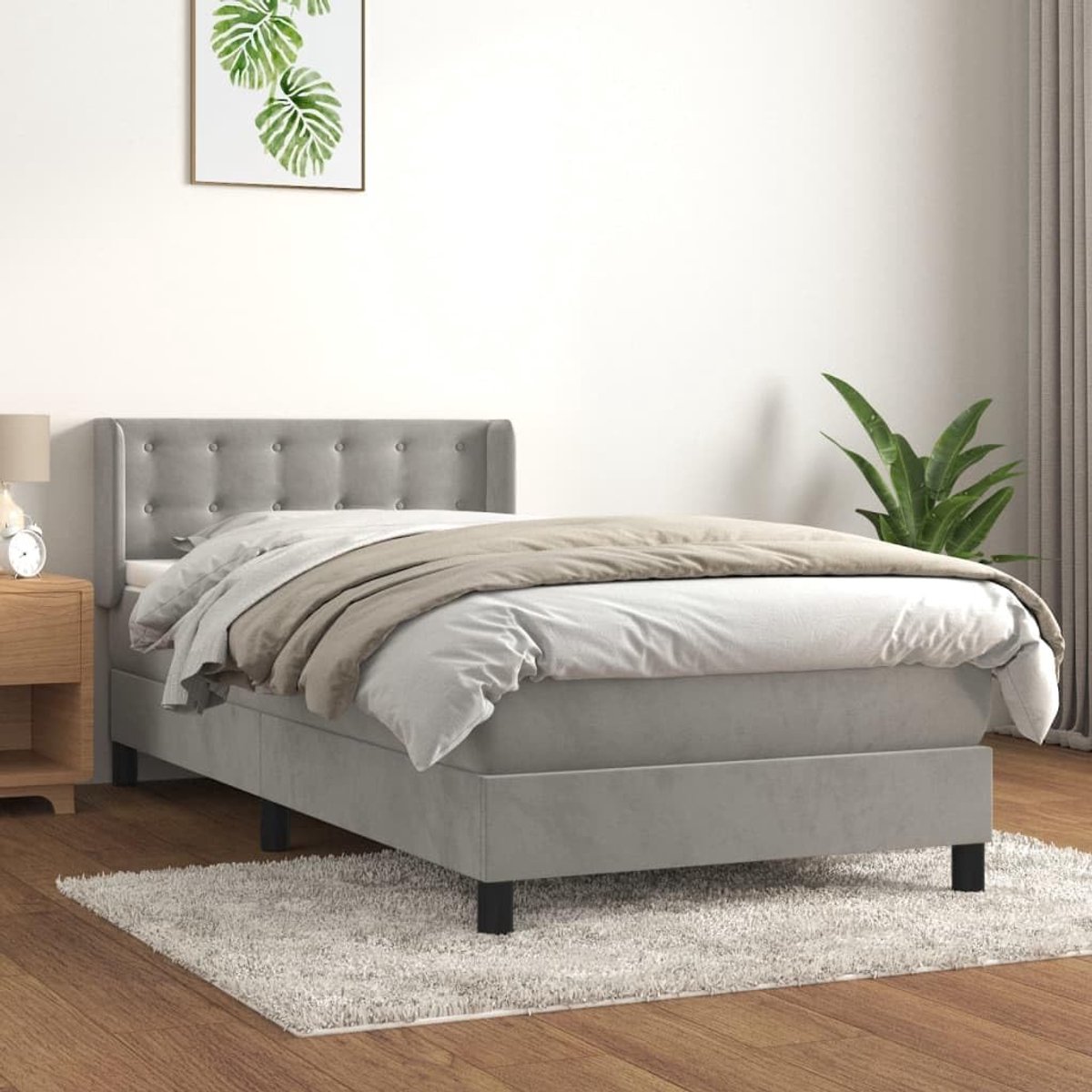 Boxspring met matras fluweel lichtgrijs 80x200cm verstelbaar hoofdbord pocketvering matras zachte stoffen hoes slaapcomfort nachtrust ideaal voor rug- en buikslapers in hoogte verstelbaar