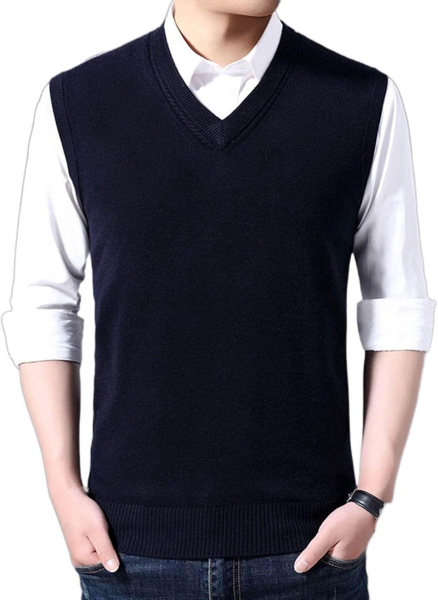 Jeugd Heren Vest Met V-Hals, Klassieke Slanke Mouwloze Pullover Trui Effen Kleur Jacquard Gebreid Vest, Casual Business Gentleman Knitwear Vest Sweater Tank Tops,Marineblauw,S