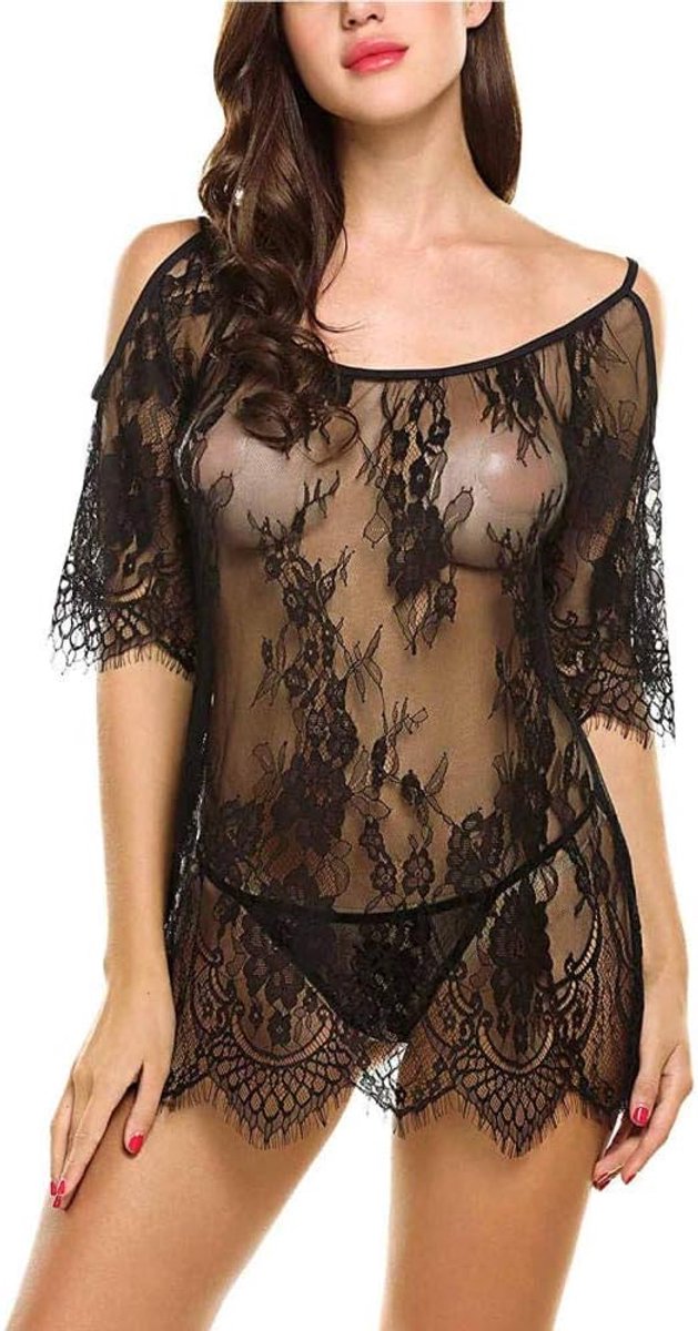 Sets met nachtmode & ochtendjas Dames uitgesneden kanten nachtkleding Sexy lingerie doorzichtig ondergoed Costume-Black_L