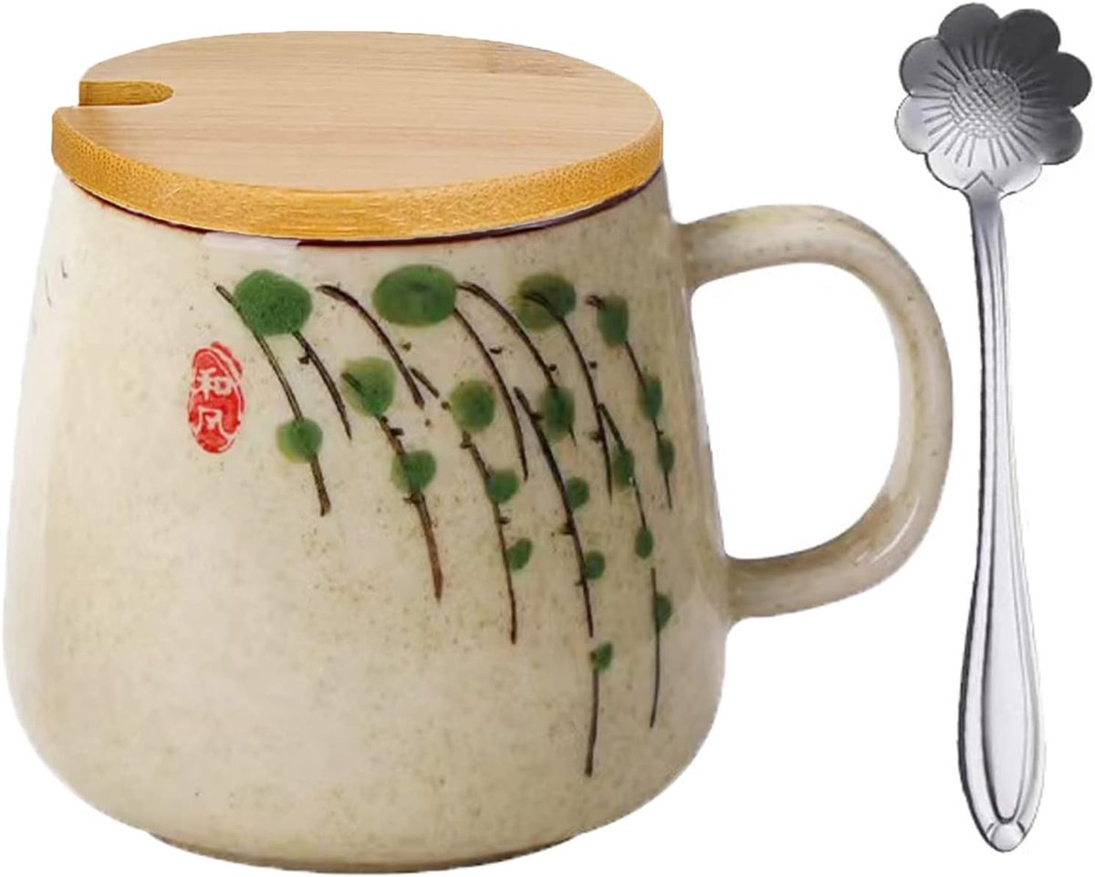 Koffiemok met deksel, mok keramische melkbeker met deksel, cappuccino kopjes aardewerk 400 ml, Japanse koffiemok handbeschilderd water kopje onderglazuur grote capaciteit ontbijtmok