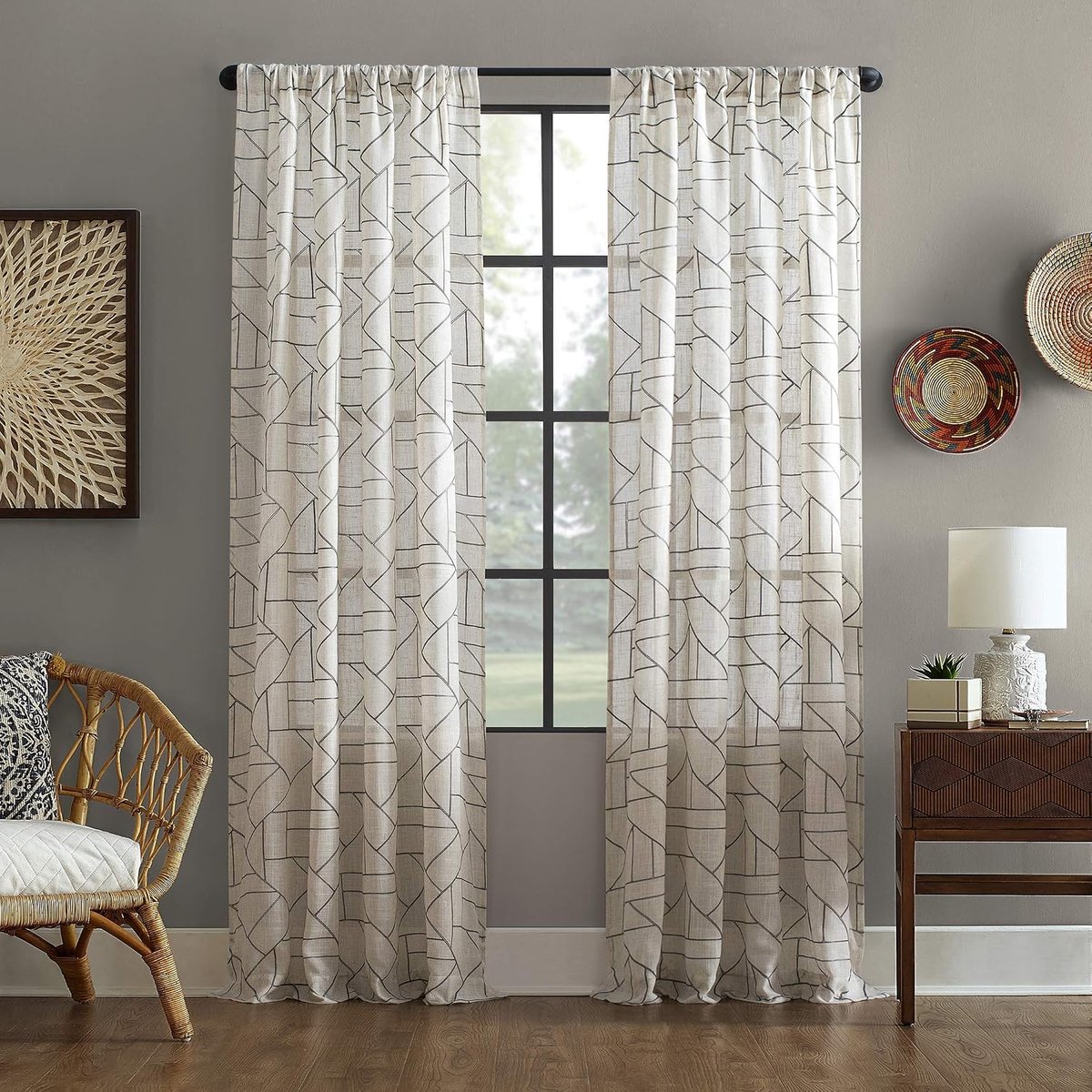 Fragmented Geometrisch Borduurwerk Mid-Century Modern Natural Linen Blend Gordijn, 50 "x 108", Grijs/Linnen