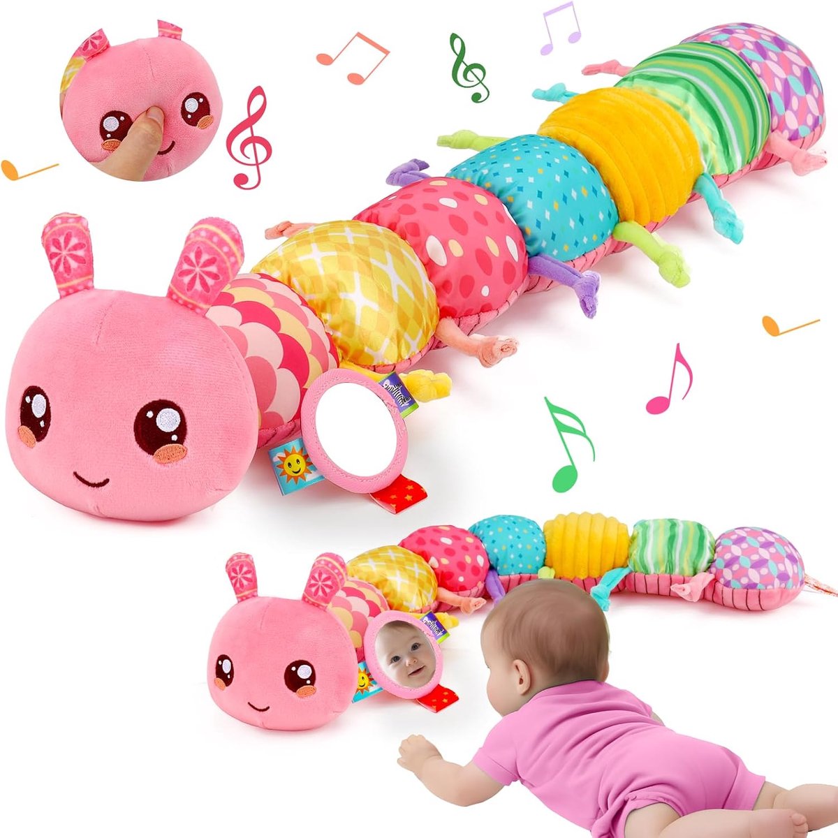 Babyspeelgoed, 0, 3, 6 maanden, rups, muziekspeelgoed, sensorisch speelgoed, babycadeau voor meisjes, met liniaal, grijpling, rammelspiegel, babyspeelgoed, pasgeborenen, cadeau, Tummy Time