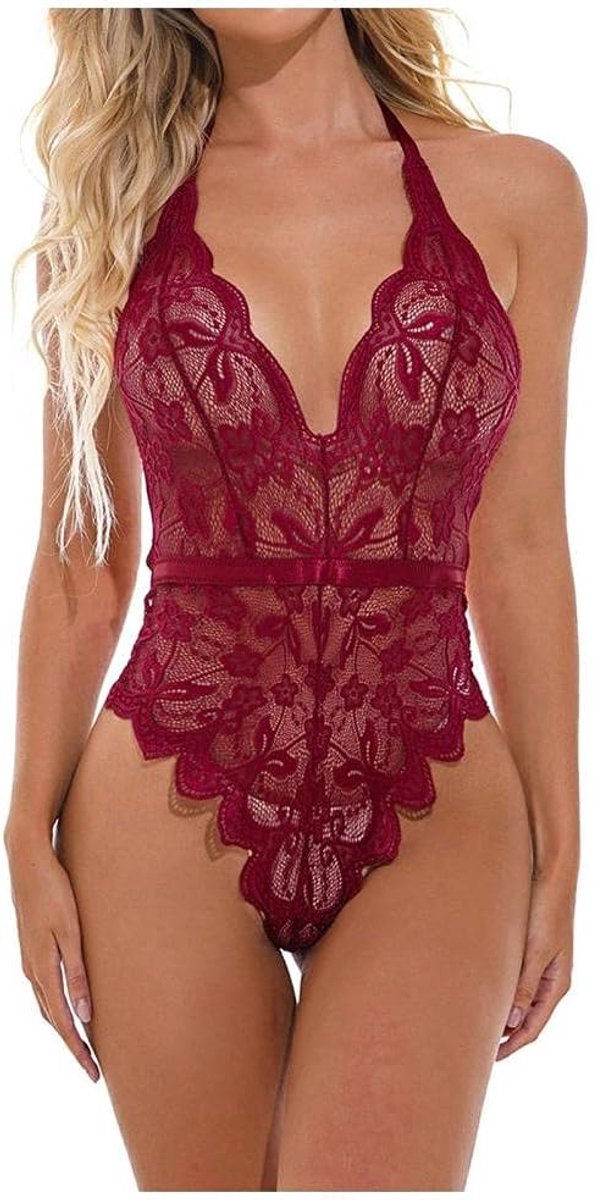 Sexy dames erotische lingerie Sexy Lingerie Dames Backless Halter Corset Perspectief Kant Borduurwerk Ondergoed set-red_XL