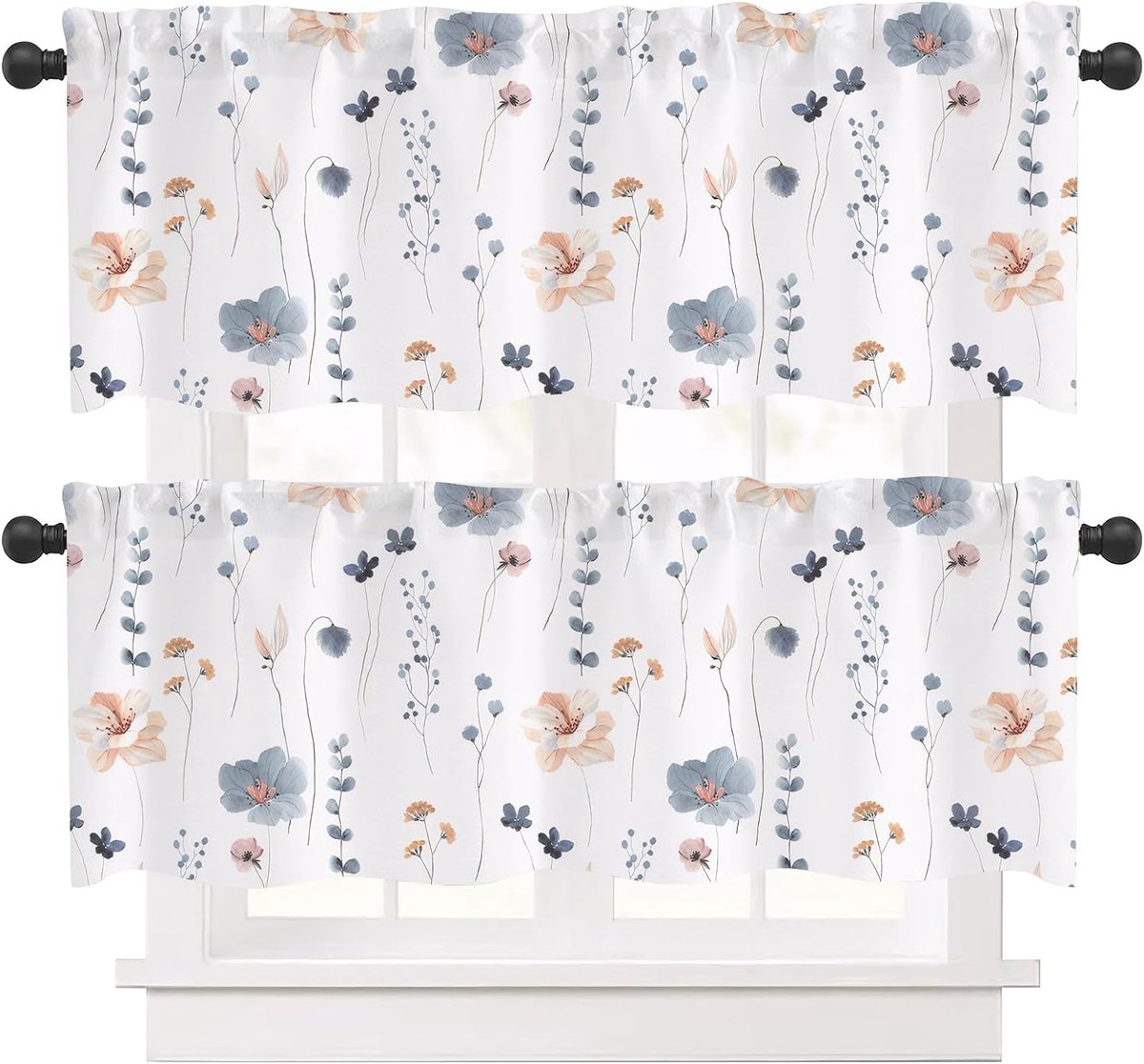 2 stuks keukengordijnen met prints bloemen kort paneel gordijn voor woonkamer eetkamer balkon half-transparant, beige