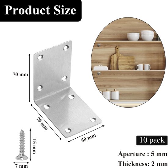 10 stuks haakse beugels voor hout, 50 x 70 x 70 mm, 90 ° hoekbeugel, zwaar belastbare gegalvaniseerde staalplaat L Brace Connector Joint voor kleine doe-het-zelf meubels fixatie tafel plank — afbeelding 2