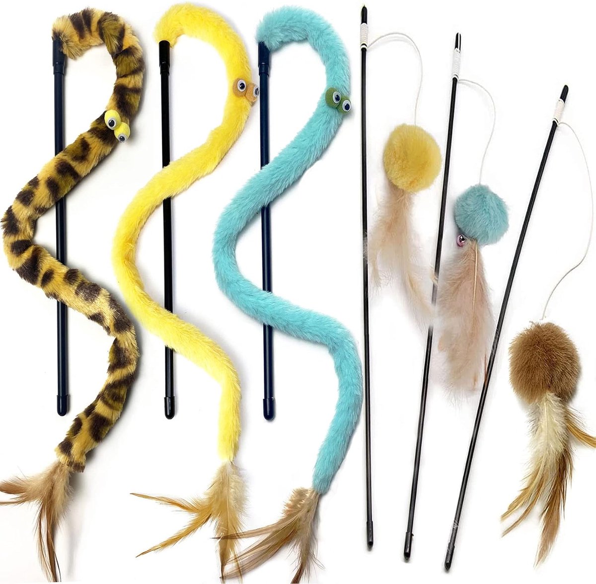 Kattenverenspeelgoed, kattenteaser toverstaf en regenboogstaf, interactief kattenspeelgoed voor binnenkatten en volwassen kittens, 6 stuks (geel)