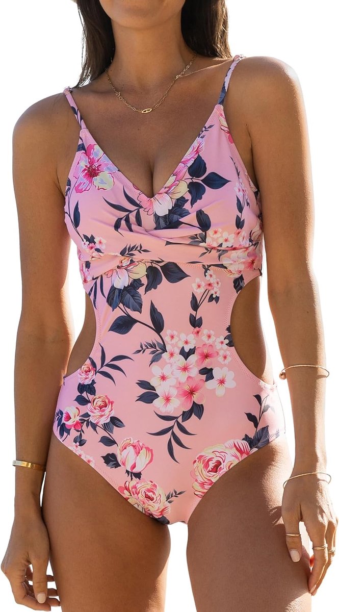 Badpak voor dames, bloemenprint, twist voorkant, V-hals, badpakken, roze, M