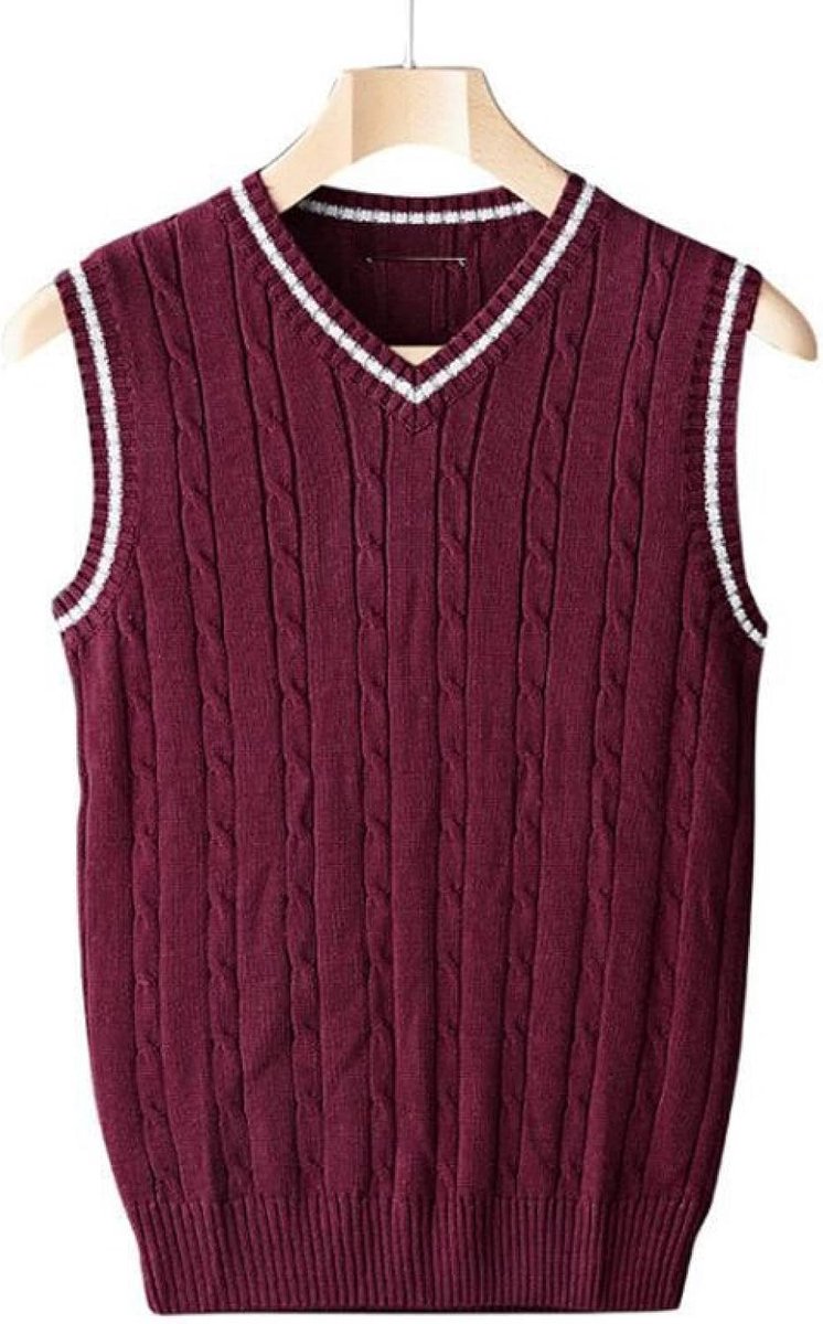 Jeugd Heren Vest Met V-Hals, Klassiek Slank Mouwloos Truitje Effen Jacquard Gebreid Vest, Casual Zakelijk Heren Gebreide Vest Trui Tanktops, Wijnrood, Xs