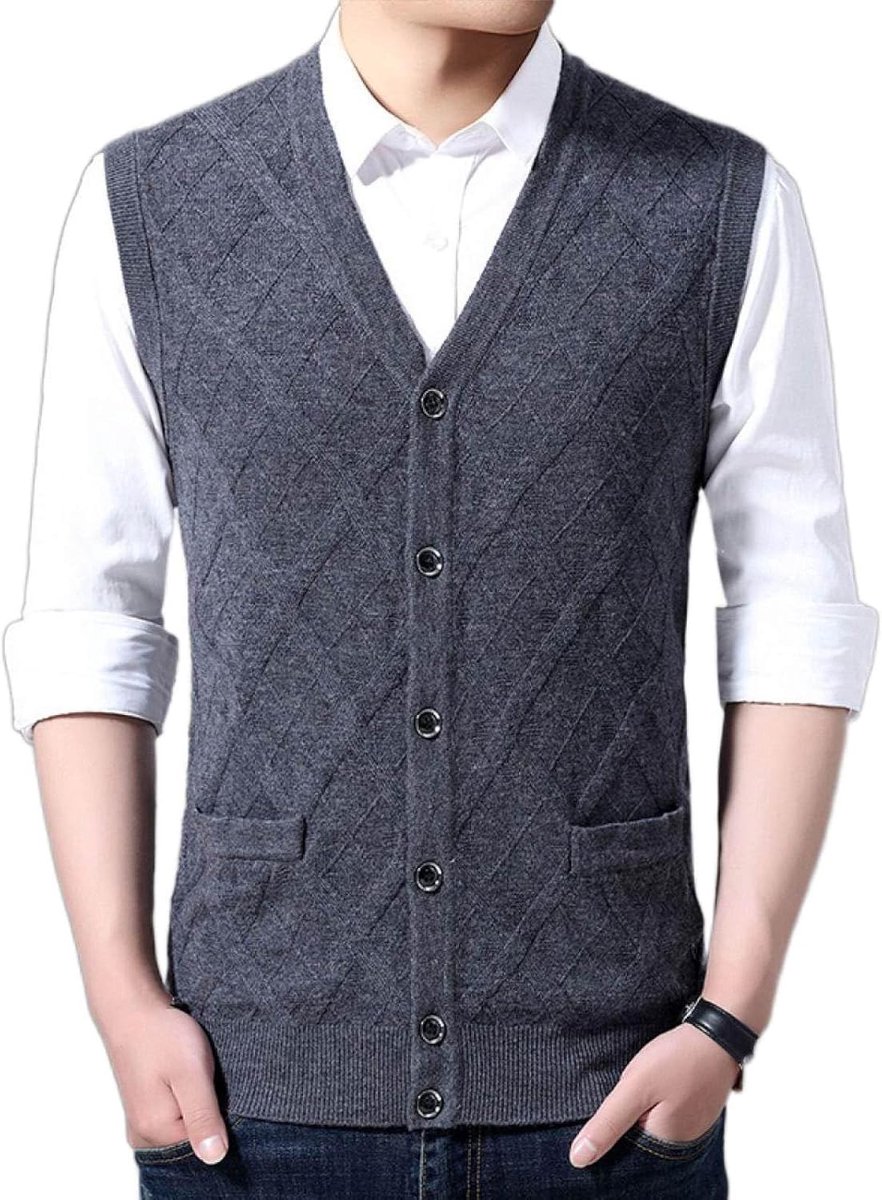 Effen Kleur Gebreid Vest Bovenkleding, Jeugdmode Heren Argyle V-Hals Vest Vest Casual Trendy Trui, Klassiek Zakelijk Heren Gebreide Vest Trui Vest Tanktops, Middengrijs, S