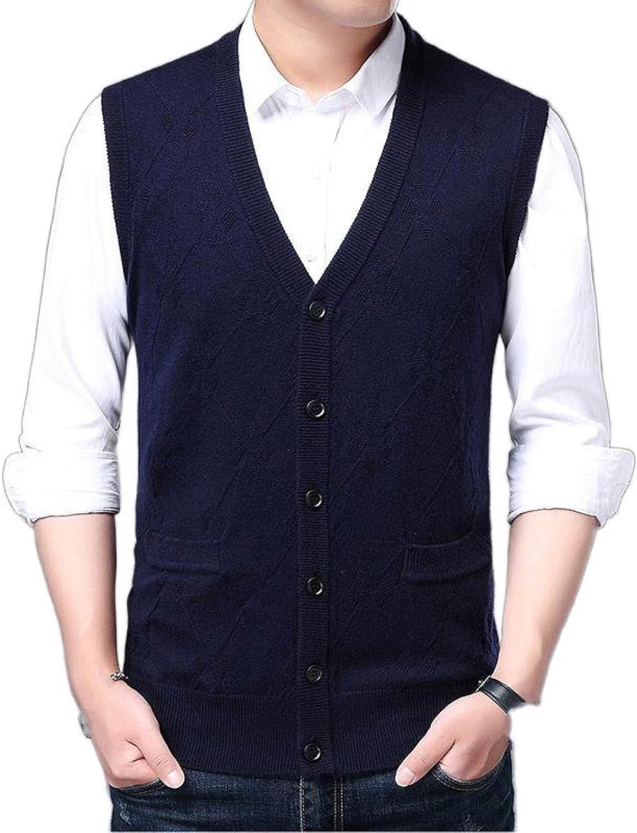 Argyle V-Hals Gebreid Vestvest, Herfst En Winter Klassiek Vest Trend Casual Heren Kasjmier Gemengd Vest, Zakelijk Heren Gebreide Trui Vest Tanktops, Marineblauw, S