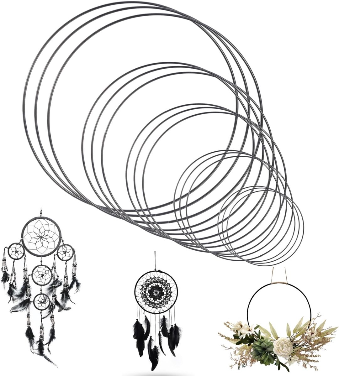 Ringen om te knutselen, 15 stuks, metalen macramébanden, 5 maten, metalen ring, zwart, dromenvanger, ringen voor het maken van bruiloft, krans, decoratie, dromenvanger (10, 15, 20, 25 en 30 cm