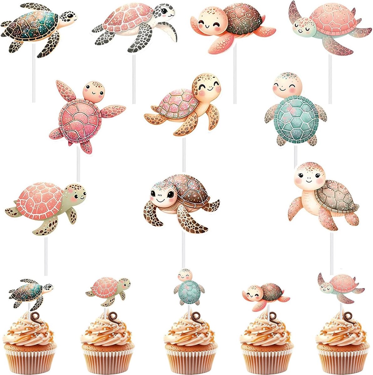 Taartdecoratie, 20 stuks, schildpad, cupcake-, schildpaddecoratie, verjaardag, taartoplegger, schildpad voor zeedieren, themafeest, babyshower, verjaardag