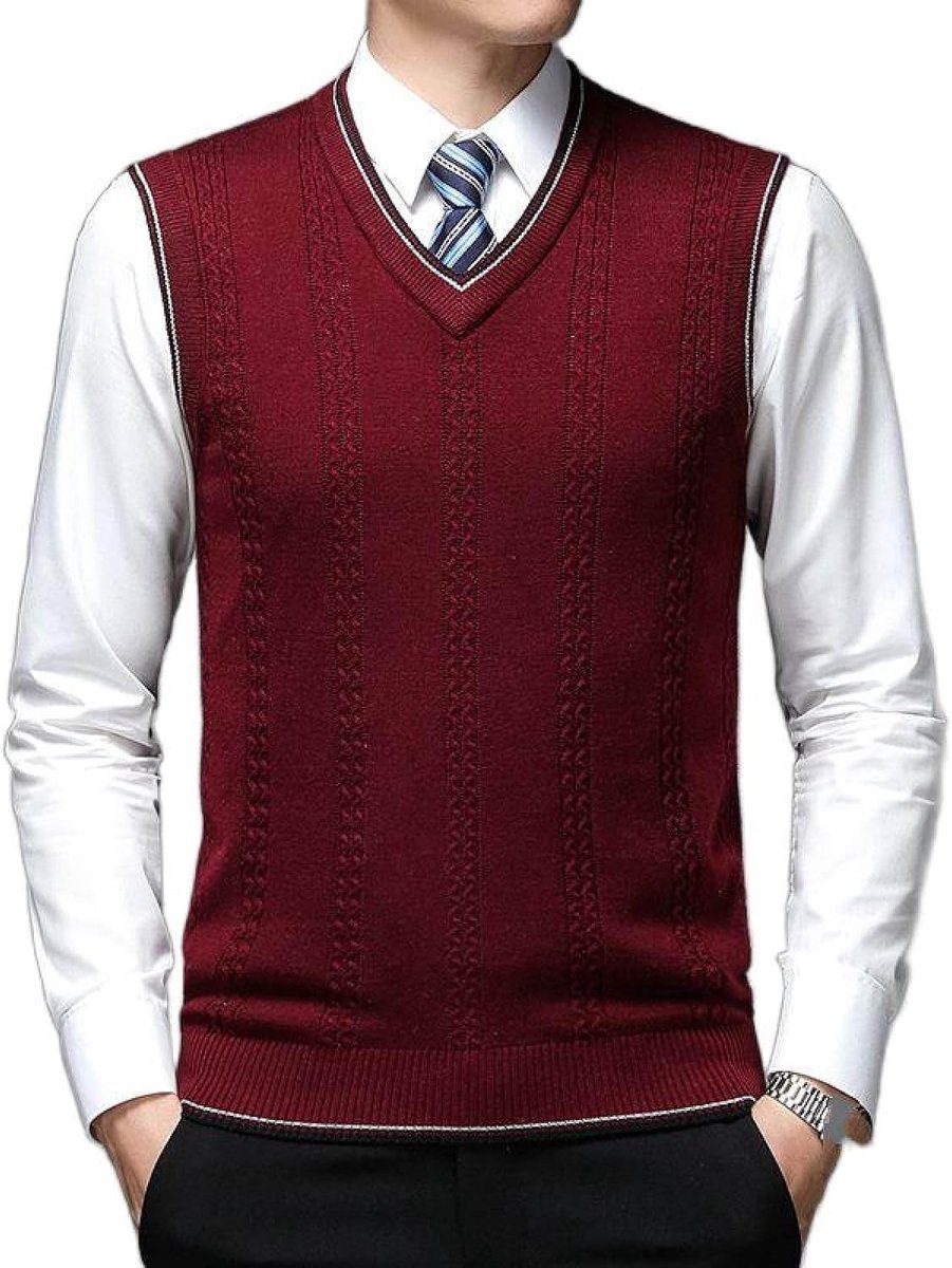 Herenvest Met V-Hals, Klassiek Gebreid Vest Met Kabel In Contrasterende Kleuren, Casual Gebreid Vest Met Dieptepunt, Klassiek Zakelijk Herengebreid Vest, Trui-Tanktops, Wijnrood, S
