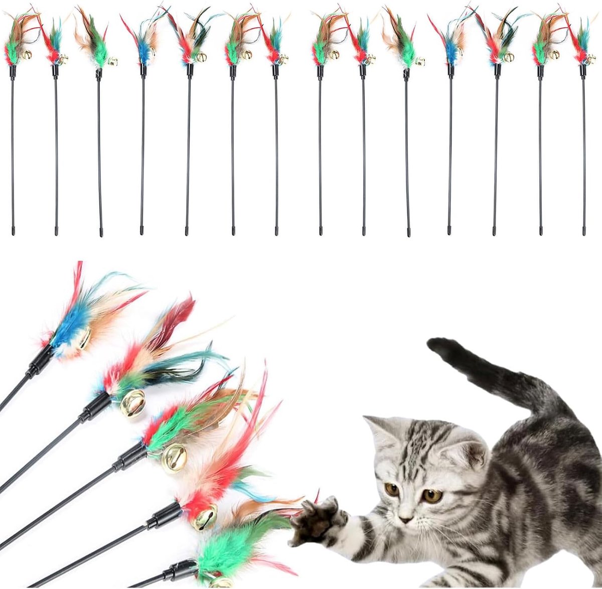 Veer, 14 stuks kattenspeelgoed, kattenhengelveer, kattenvissen, stabiel, interactief kattenspeelgoed, interactief kattenspeelgoed voor kittens