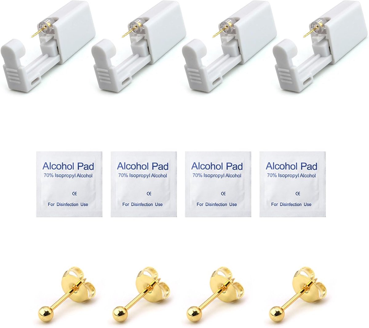 Pistool voor oorpiercings, wegwerppistolen en spuitpistolen, set met ponspistolen, oorbellen met oorstekers, voor dames en heren, goud, 4 stuks, M, metaal, siliconen, Roestvrij staal