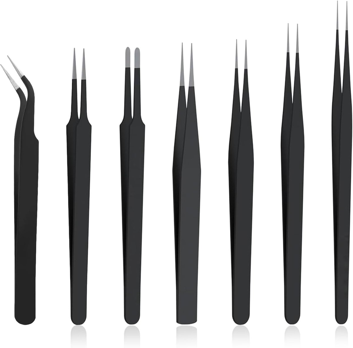5 pincettensets, roestvrij staal, precisiepincetten voor sieraden maken, elektronica reparatie en manicure, antistatisch met tips en gebogen pincetten