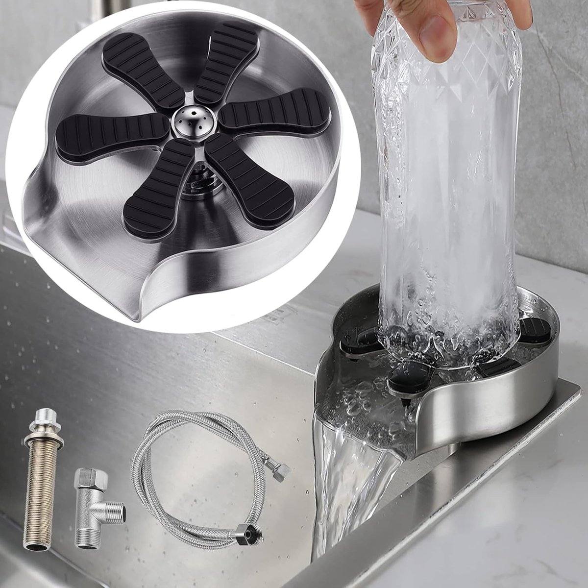 Glaswasser voor spoelbakken, fleswasser, glasborstel voor barspoel, roestvrij stalen glaswasser, bekerwasserreiniger, flesreiniger en kopjesspeuler voor keukenspoelbak, bar, glaswasserapparaat