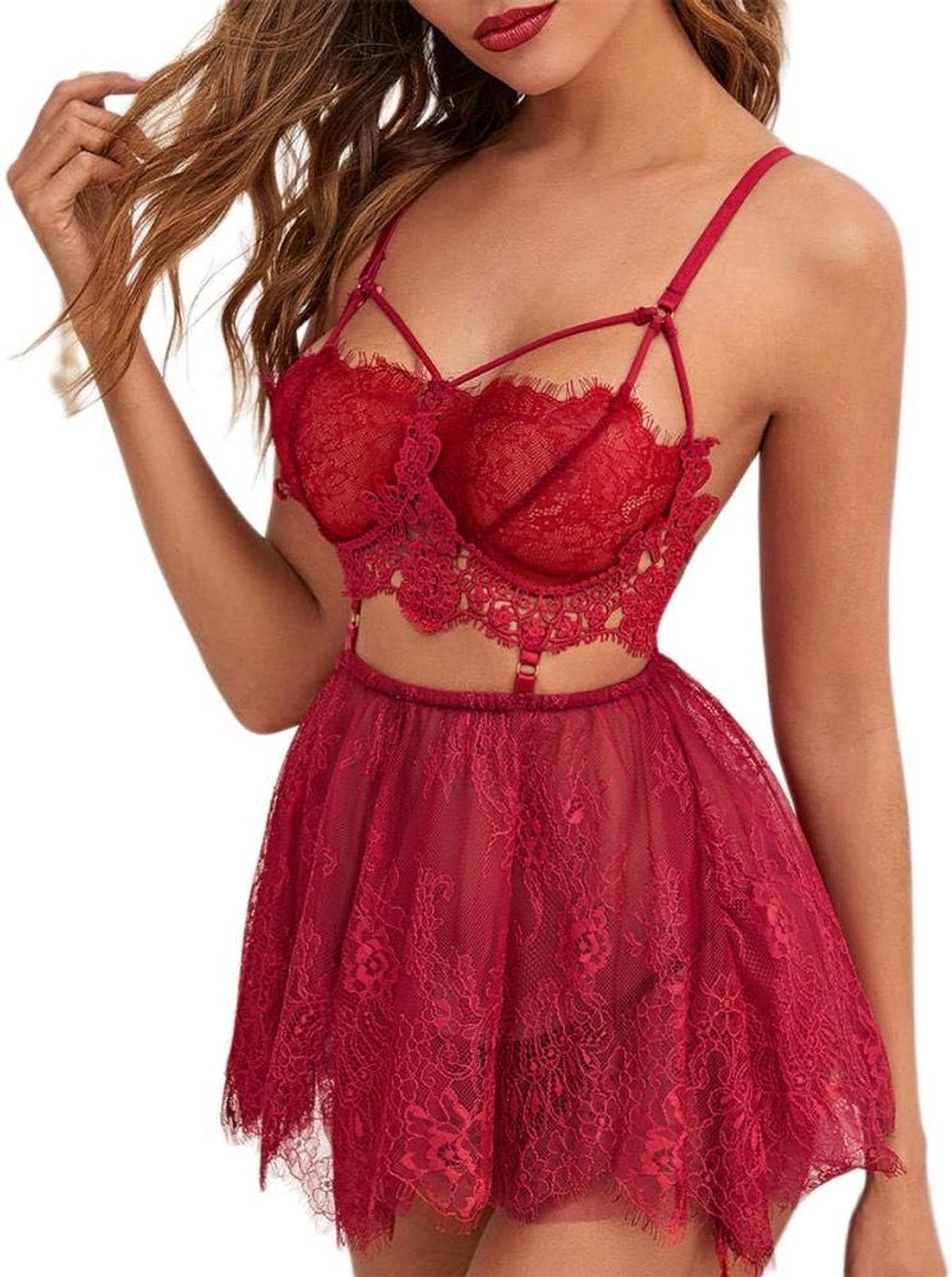 Sexy lingerie dames v-hals doorschijnende kanten kimono lingerie nachthemd ondergoed sexy set negligé jurk met stringDames Dames Sexy Lingerie Outfits Kanten Bloem Beha Mesh Korte Rok Thong Set Nachtk