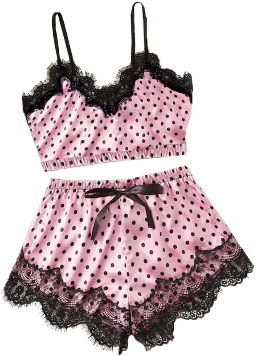 Lingerie voor dames sexy nachthemd lingerie nachtkleding Kant met stringDames V-hals Dot Print Kanten Satijnen Hemdje Pyjama Strik Shorts Lingerie Set