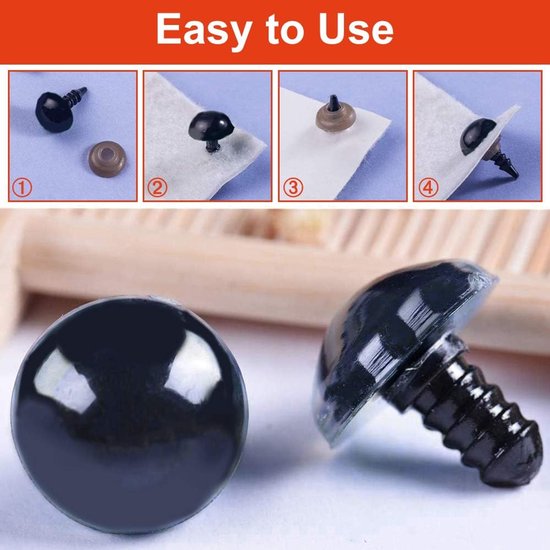 Ogen met ringen, 150 stuks kleine poppenogen knutselspeelgoed ogen teddybeer ogen 6 mm/8 mm/9 mm/10 mm/12 mm, zwarte plastic veiligheidsogen voor het maken van zacht speelgoed / gebreid — afbeelding 3