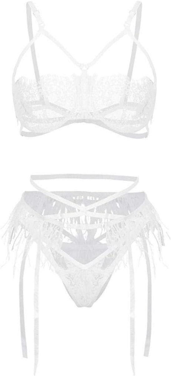 Sets met nachtmode & ochtendjas Sexy 3 ST Vrouwen Csotumes Lingerie Nachtkleding Veer Kanten Beha Kousenband Thong Verleiding Erotische Dames Set
