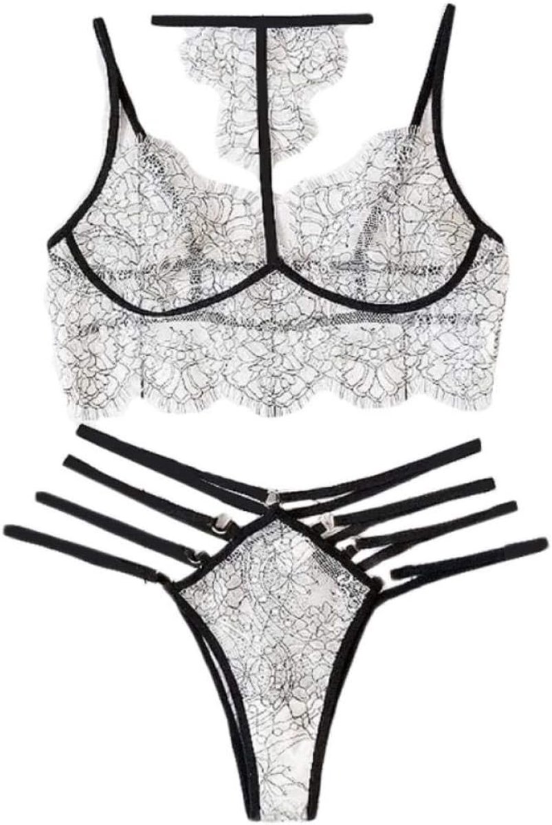 Kleding Sexy Lingerie Kostuum Vrouwen Sexy Kant Borduurwerk Lingerie Set Halter Bh String Set Nachtkleding-White_XXL