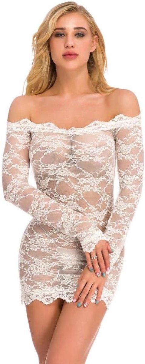 Nachtkleding kant lingerie nachtjurk lingerie sexy jurk met string voor damesSexy Jurk Dames Nachthemd Kant Transparante Lingerie Sexy Backless Off-Shoulder-C_L