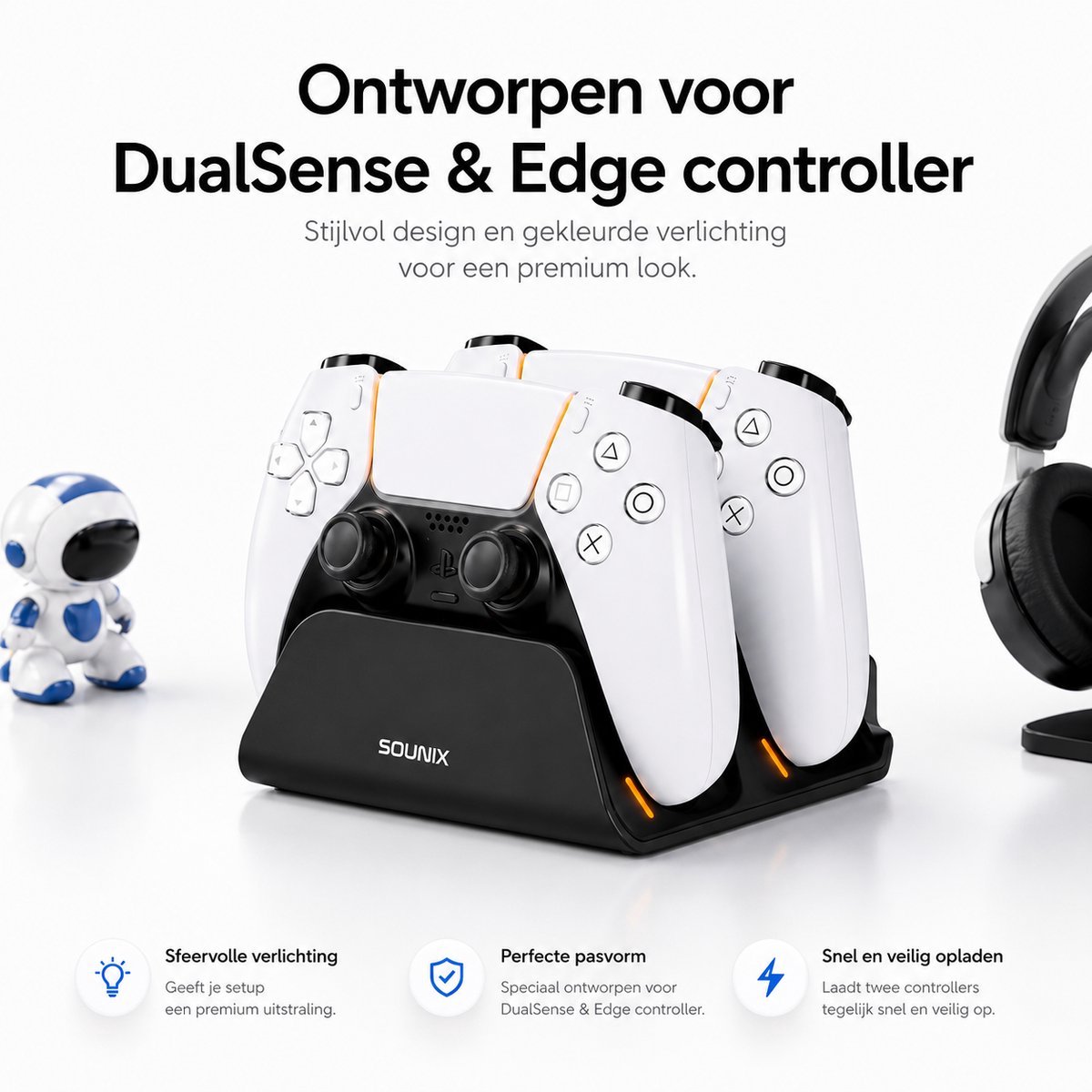 Sounix Oplaadstation geschikt voor PS5 / PS5 Slim / PS5 PRO / DualSense Controller - PS5 accessoires - Dual Oplader - Charging Dock - Zwart – foto 4