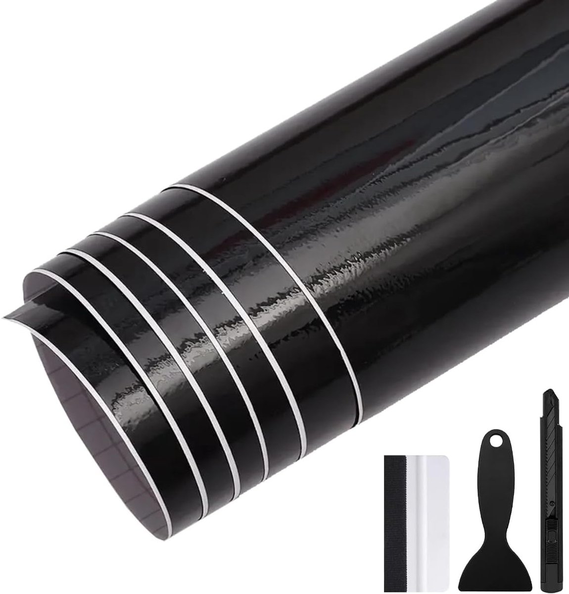 300 cm x 30 cm glanzend zwarte autofolie, autofolie luchtbelvrij, met luchtkanalen, plakfolie auto buiten, wrapping folie interieur, voor motorfiets, fiets, doe-het-zelf (glanzend zwart, 150