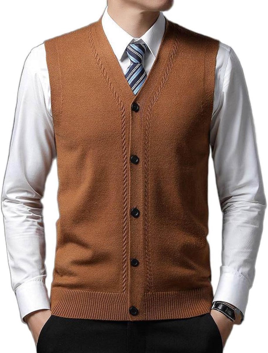 Vest Met V-Hals, Gebreid Vest, Herfst En Winter Klassiek Jacquard Vest Trend Casual Effen Kleur Heren Kasjmier Gemengd Vest, Zakelijk Heren Gebreide Trui Vest Tanktops, Donkerbruin, S