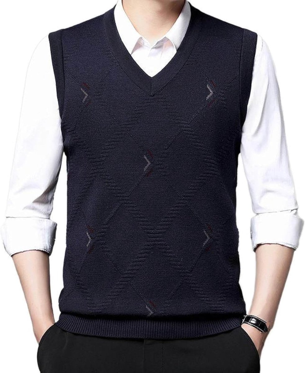 Argyle V-Hals Mouwloze Trui Trui, Herfst En Winter Heren Gebreide Trui Vest, Middelbare Leeftijd Kleur Bijpassende Verdikte Casual Heren Gebreide Trui Tanktops, Marineblauw, S