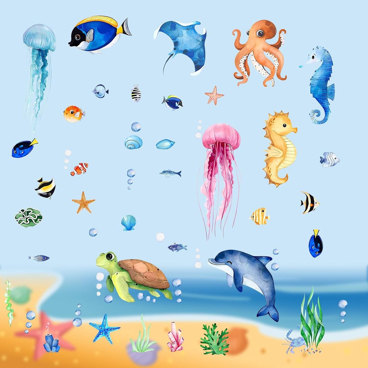 4 vellen zomer onder de zee stickers oceaanthema zeeschildpad raamklevers aquarel zeedieren voor zomer slaapkamer badkamer kinderkamer school muurdecor