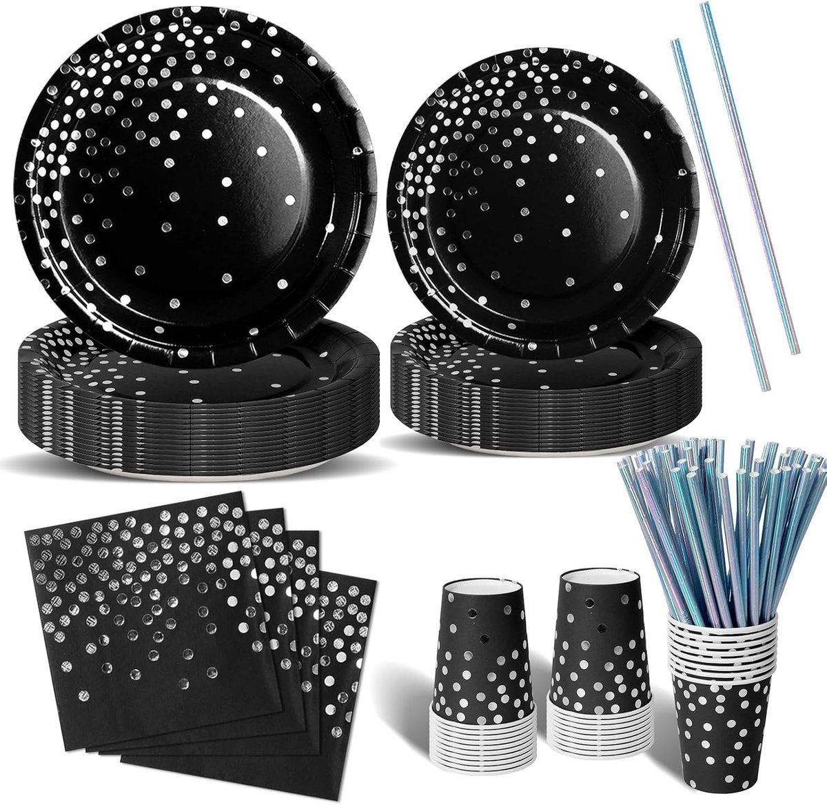 Verjaardagsservies 120 Stuks Zwart en Zilver Set met Wegwerp Bordpapier, Bekers en Servetten voor Feestdecoratie Babyshower - 24 Gasten