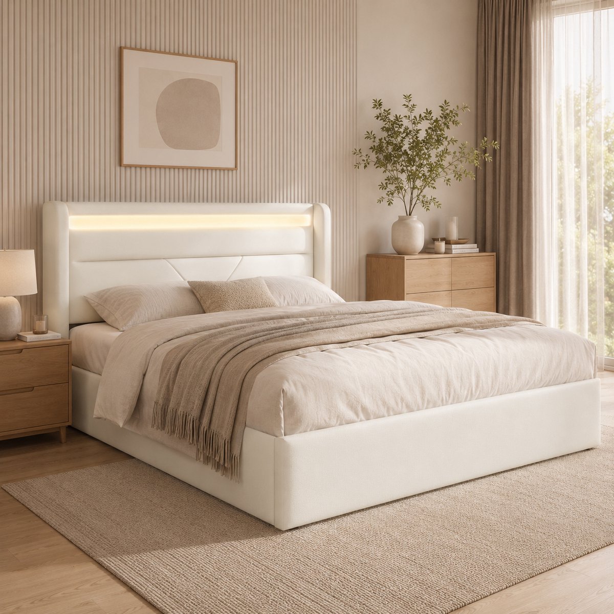 WUVRIE Opbergbed 140x200 cm met hydraulische lift, LED-verlichting en kunstleer, wit