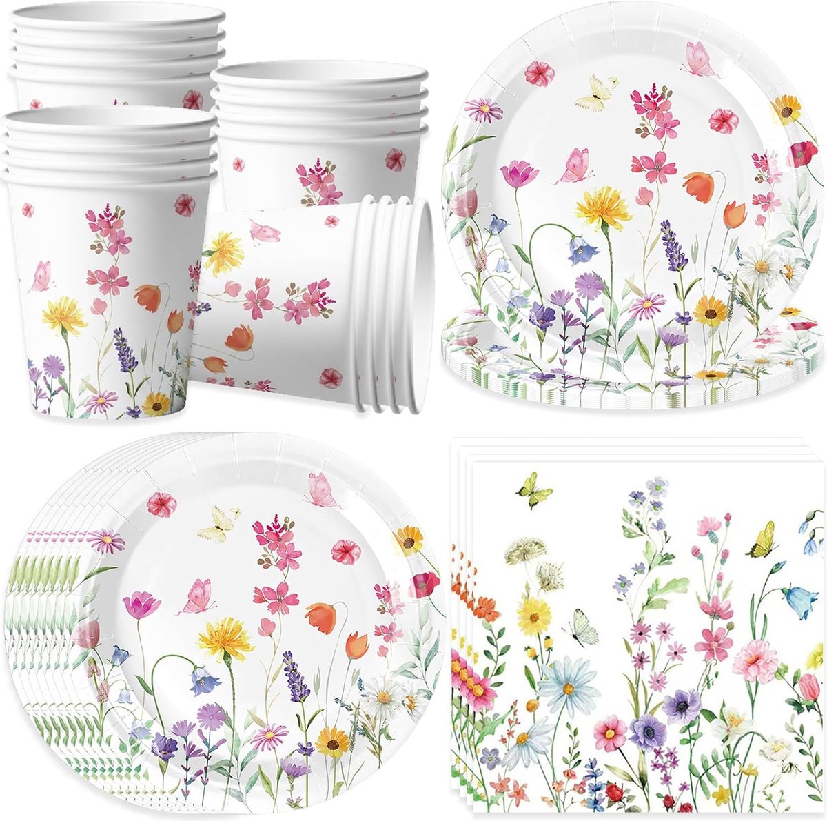 Bloemenfeestservies voor 16 gasten, servetten en bekers met wilde bloemen voor verjaardagsfeestjes, wegwerpkartonnen borden voor kinderfeestjes, wegwerpservies voor kinderfeestjes