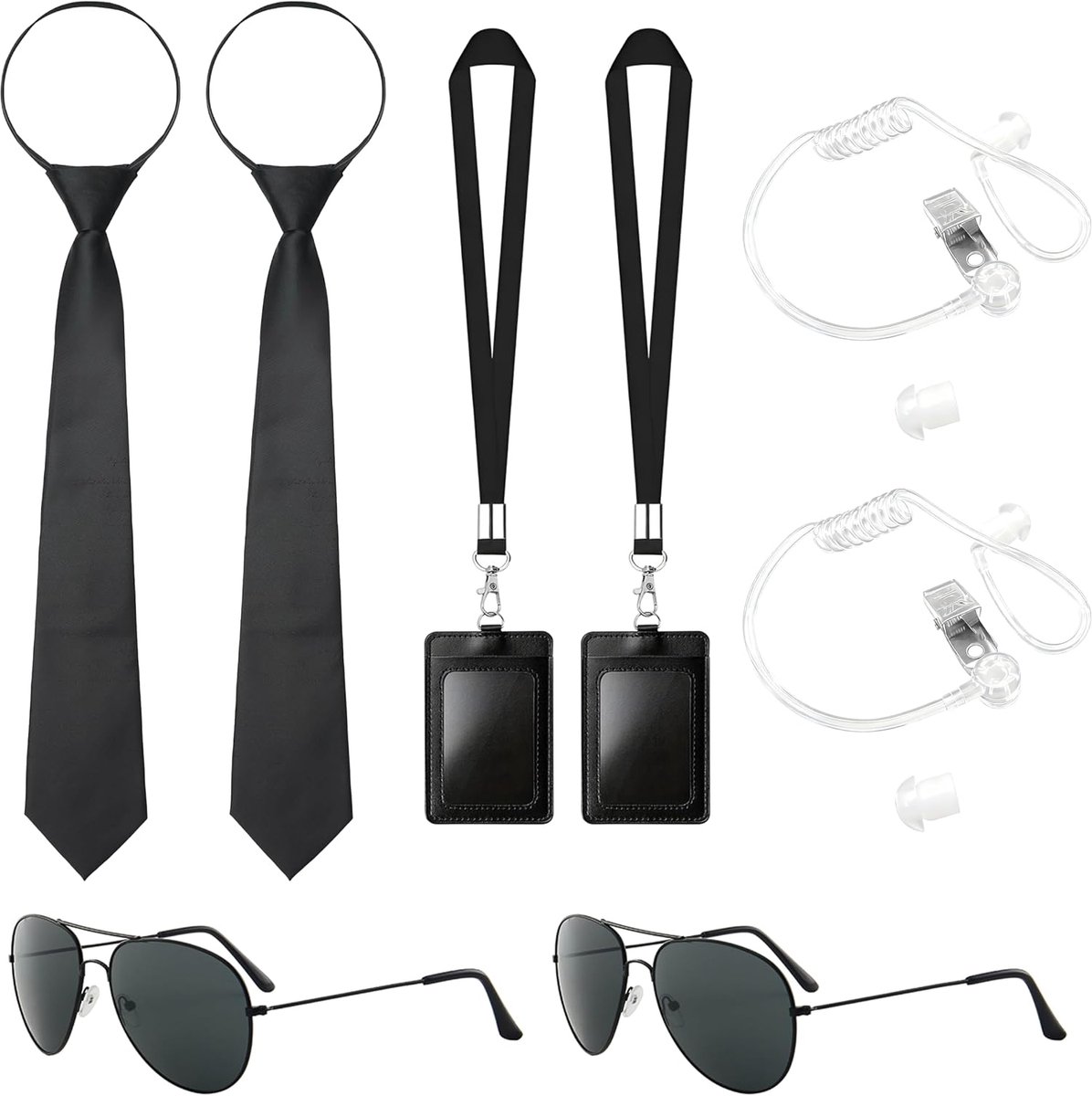 Dienstkostuumset, 10-delig, agent & spion, verkleedkleding met zwarte zonnebril, stropdas met ritssluiting, draadloze oordopjes en ID-kaart, ideaal voor carnaval
